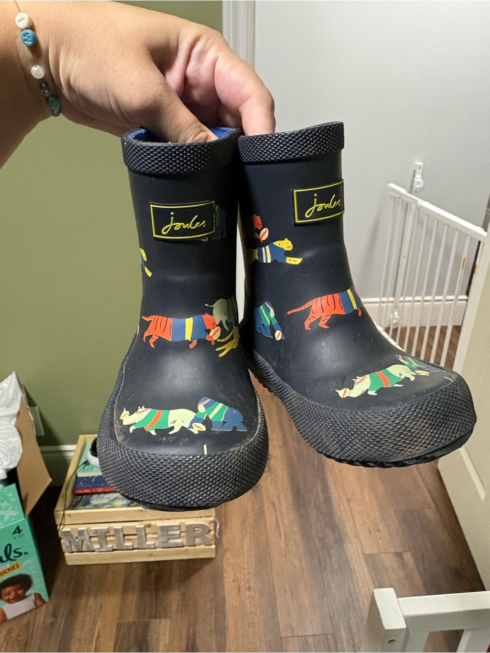 Joules Navy Kids' Rain Boots with Multicolor Animal Prints